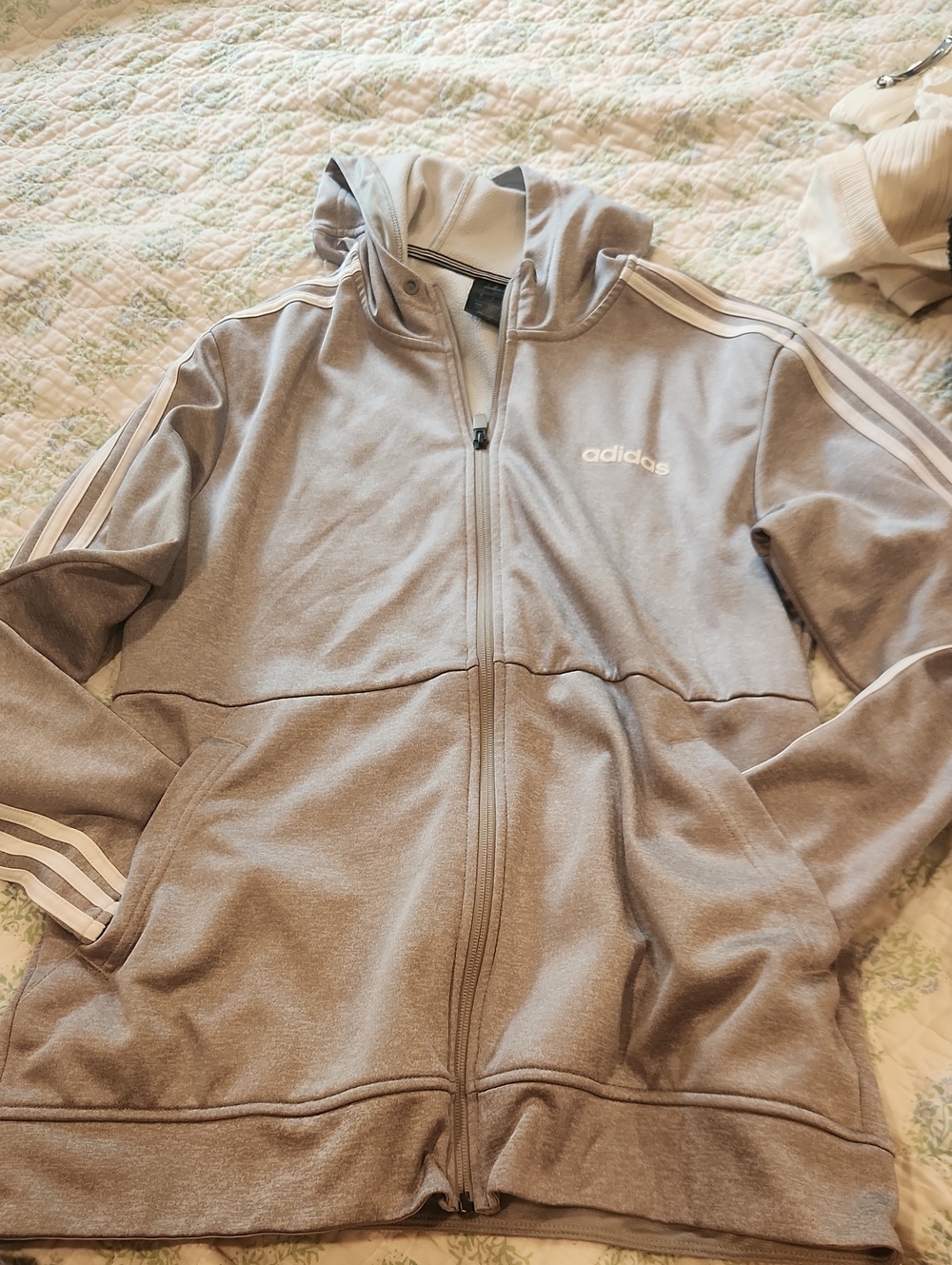 adidas Light Gray Hooded Full-Zip Jacket with White Stripes